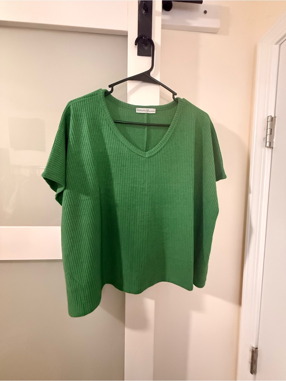Green Ribbed V-Neck Short Sleeve Top